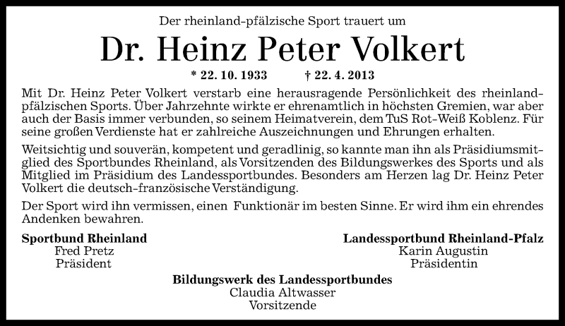  Traueranzeige für Heinz Peter Volkert vom 27.04.2013 aus Rhein-Zeitung
