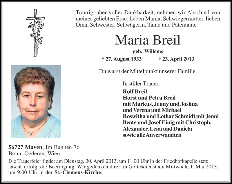 Traueranzeigen von Maria Breil rz trauer.de