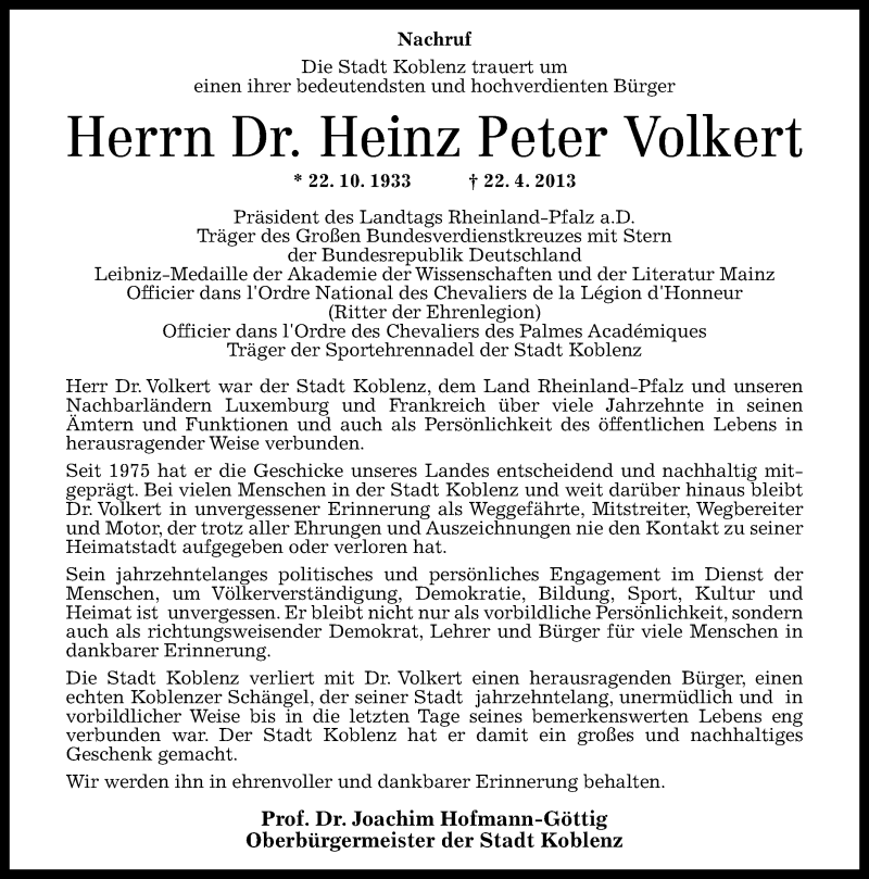  Traueranzeige für Heinz Peter Volkert vom 27.04.2013 aus Rhein-Zeitung