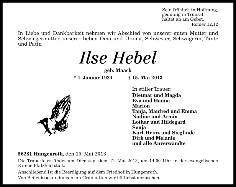  Traueranzeige für Ilse Hebel vom 18.05.2013 aus Rhein-Hunsrück-Zeitung
