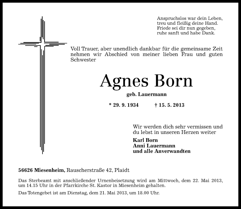  Traueranzeige für Agnes Born vom 18.05.2013 aus Rhein-Zeitung