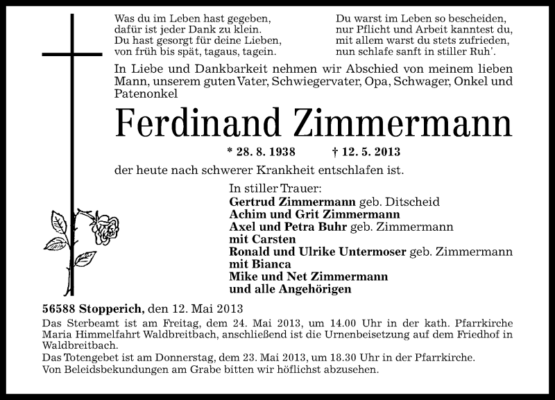  Traueranzeige für Ferdinand Zimmermann vom 18.05.2013 aus Rhein-Zeitung