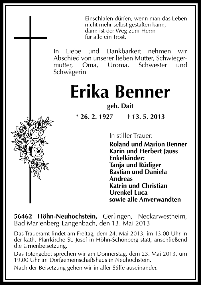  Traueranzeige für Erika Benner vom 21.05.2013 aus Westerwälder Zeitung