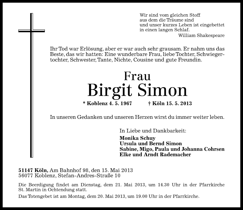  Traueranzeige für Birgit Simon vom 18.05.2013 aus Rhein-Zeitung
