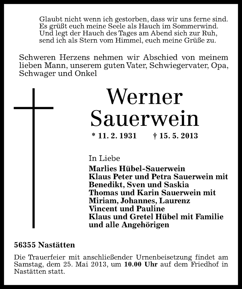  Traueranzeige für Werner Sauerwein vom 22.05.2013 aus Rhein-Lahn-Zeitung