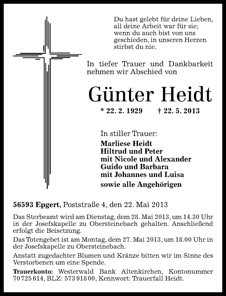  Traueranzeige für Günter Heidt vom 25.05.2013 aus Rhein-Zeitung