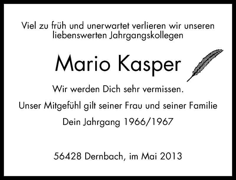  Traueranzeige für Mario Kasper vom 27.05.2013 aus Westerwälder Zeitung