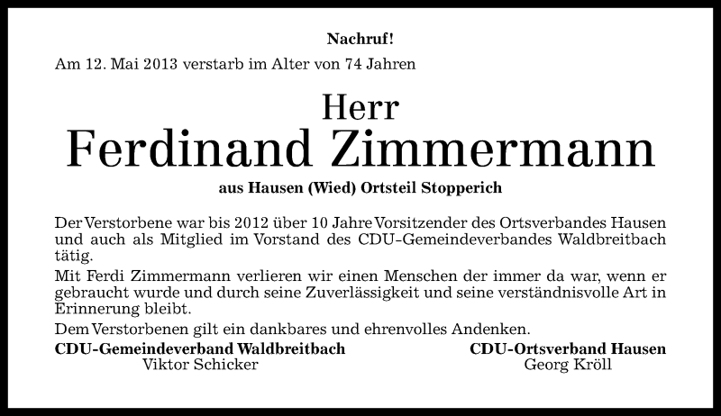 Traueranzeige für Ferdinand Zimmermann vom 01.06.2013 aus Rhein-Zeitung