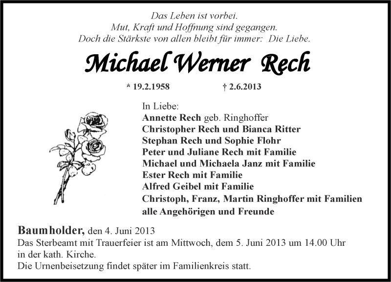  Traueranzeige für Michael Werner Rech vom 04.06.2013 aus Nahe-Zeitung