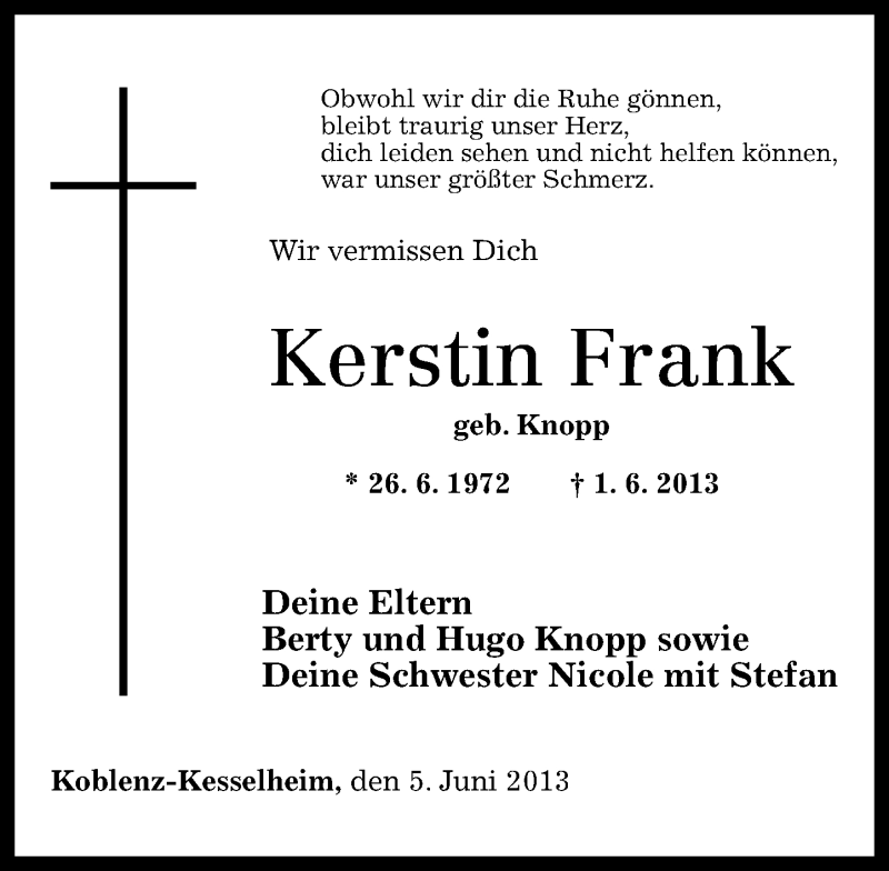  Traueranzeige für Kerstin Frank vom 05.06.2013 aus Rhein-Zeitung