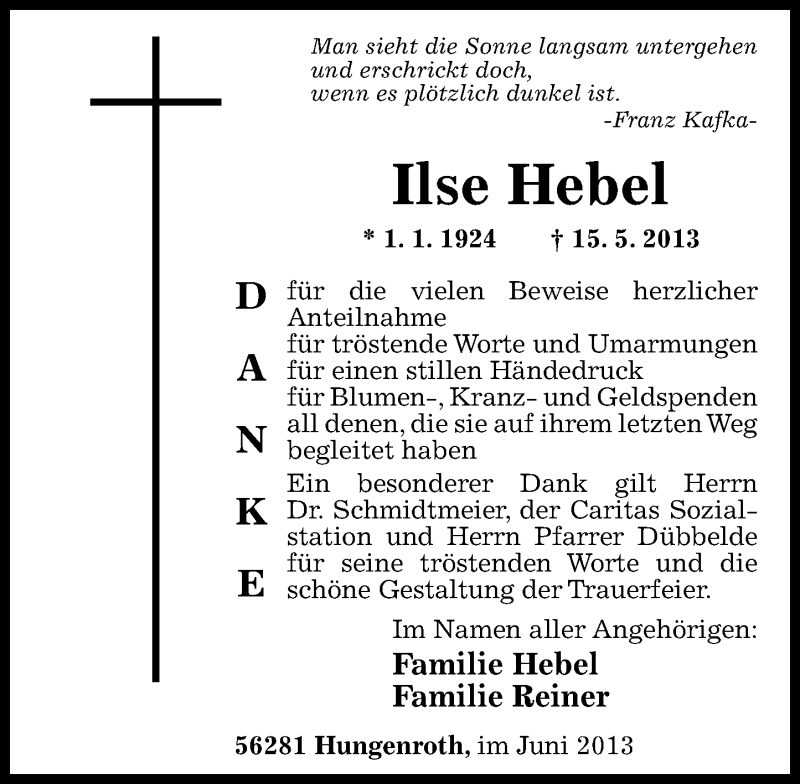  Traueranzeige für Ilse Hebel vom 08.06.2013 aus Rhein-Hunsrück-Zeitung