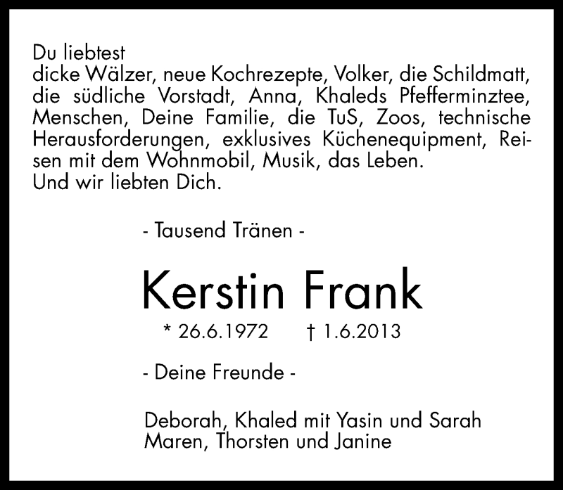  Traueranzeige für Kerstin Frank vom 08.06.2013 aus Rhein-Zeitung