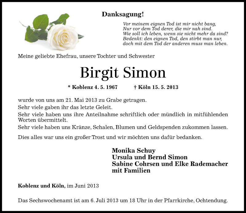  Traueranzeige für Birgit Simon vom 15.06.2013 aus Rhein-Zeitung