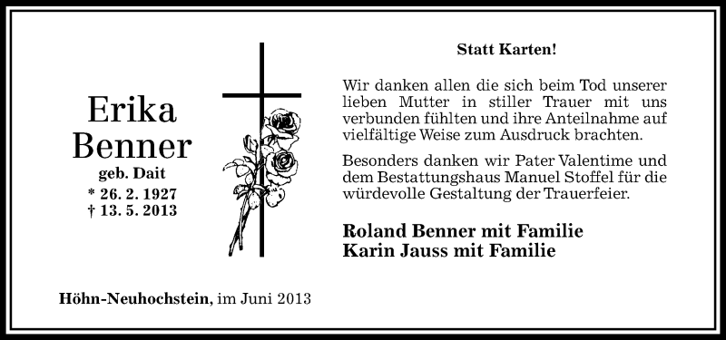  Traueranzeige für Erika Benner vom 15.06.2013 aus Westerwälder Zeitung