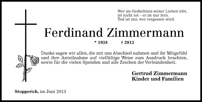 Traueranzeige für Ferdinand Zimmermann vom 22.06.2013 aus Rhein-Zeitung