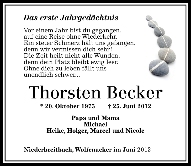  Traueranzeige für Thorsten Becker vom 25.06.2013 aus Rhein-Zeitung