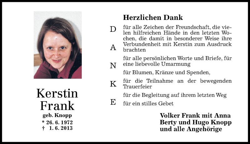  Traueranzeige für Kerstin Frank vom 29.06.2013 aus Rhein-Zeitung