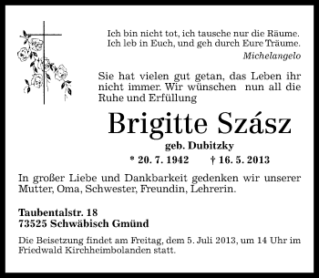 Traueranzeige von Brigitte Szasz von Rhein-Zeitung