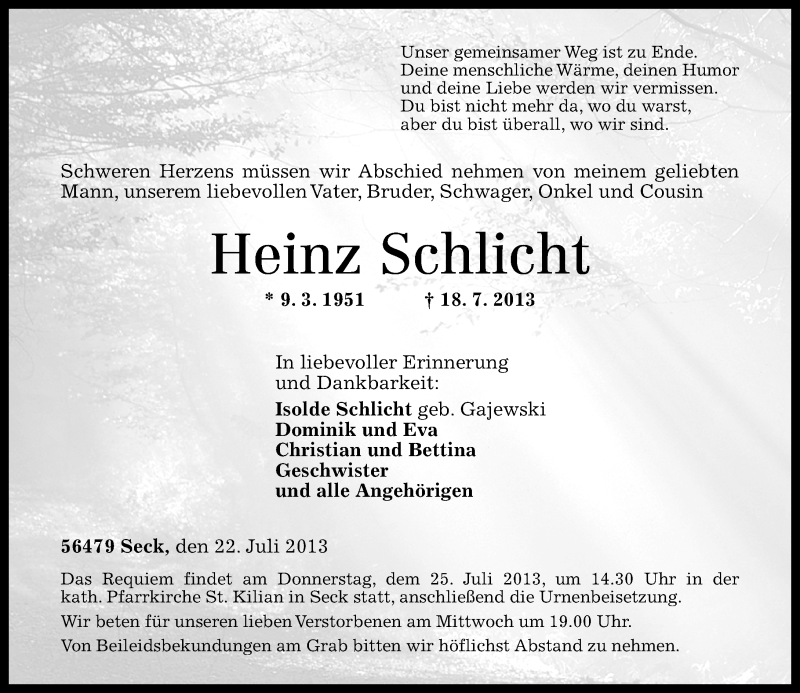  Traueranzeige für Heinz Schlicht vom 22.07.2013 aus Rhein-Zeitung