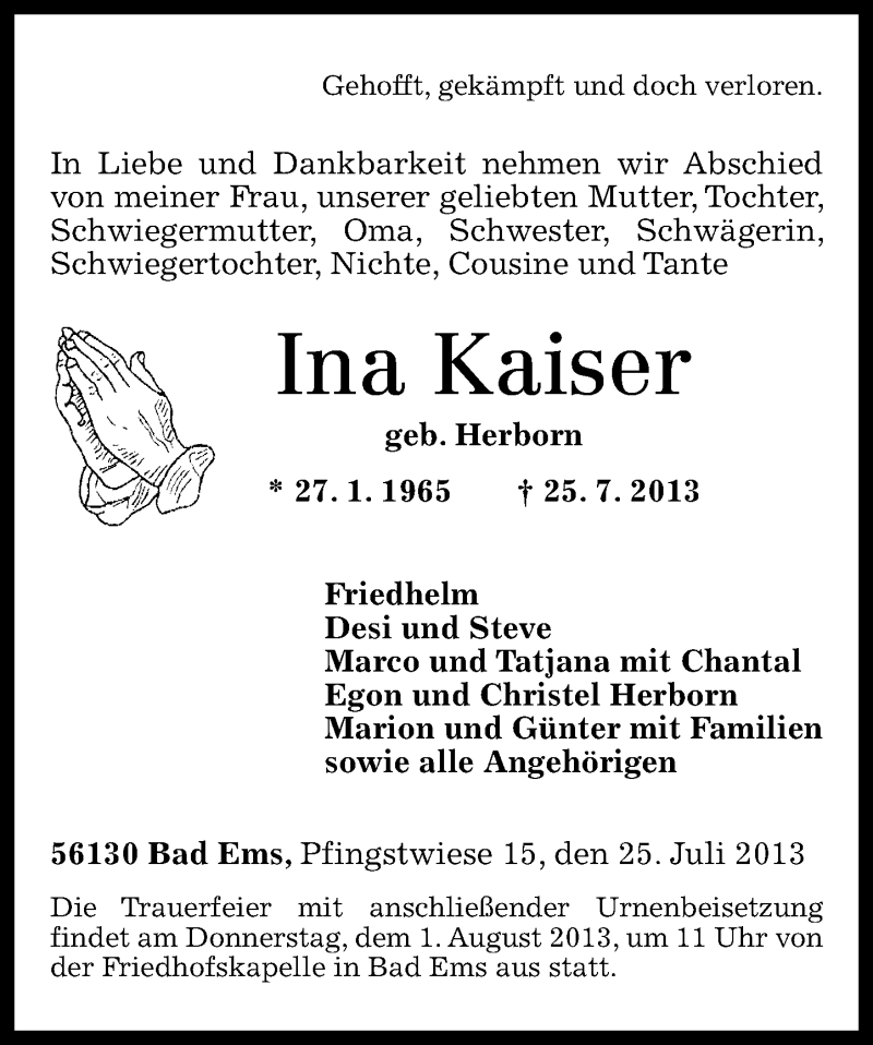  Traueranzeige für Ina Kaiser vom 27.07.2013 aus Rhein-Lahn-Zeitung