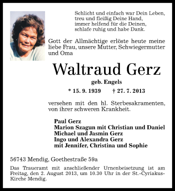 Traueranzeige von Waltraud Gerz von Rhein-Zeitung