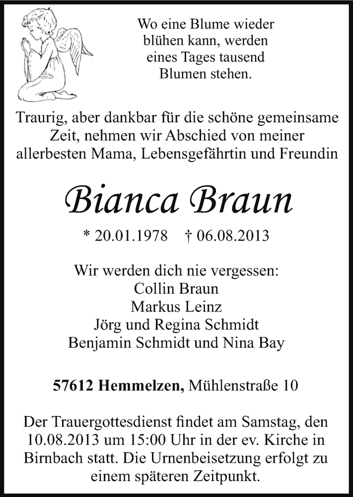  Traueranzeige für Bianca Braun vom 08.08.2013 aus Rhein-Zeitung