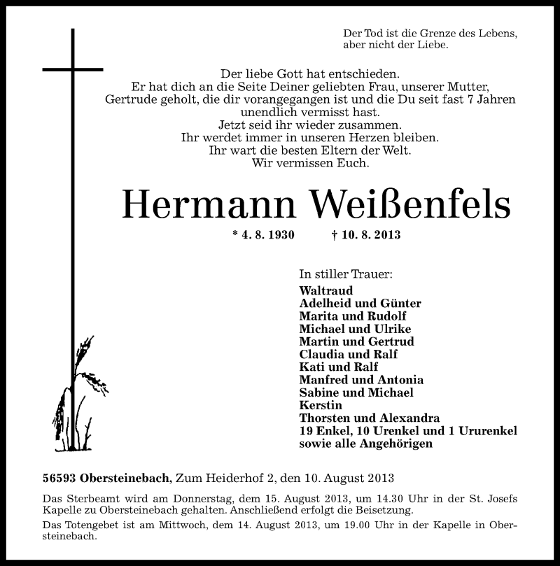 Traueranzeigen von Hermann Weißenfels rztrauer.de