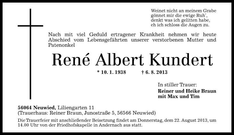  Traueranzeige für Rene' Albert Kundert vom 17.08.2013 aus Rhein-Zeitung