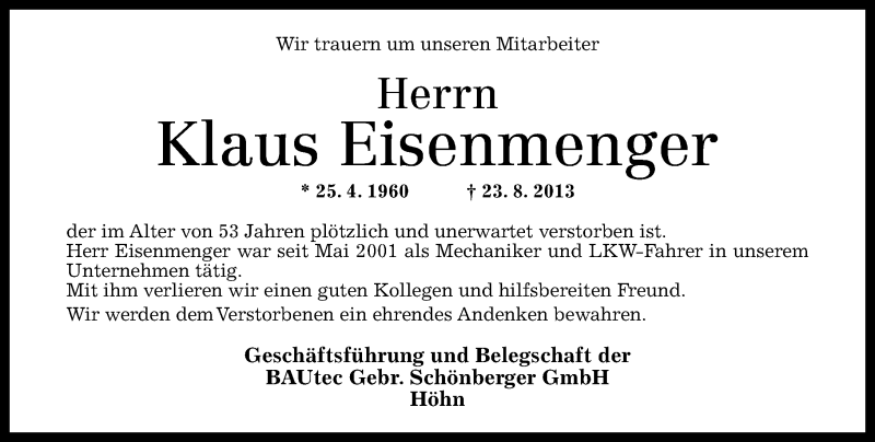  Traueranzeige für Klaus Eisenmenger vom 28.08.2013 aus Westerwälder Zeitung
