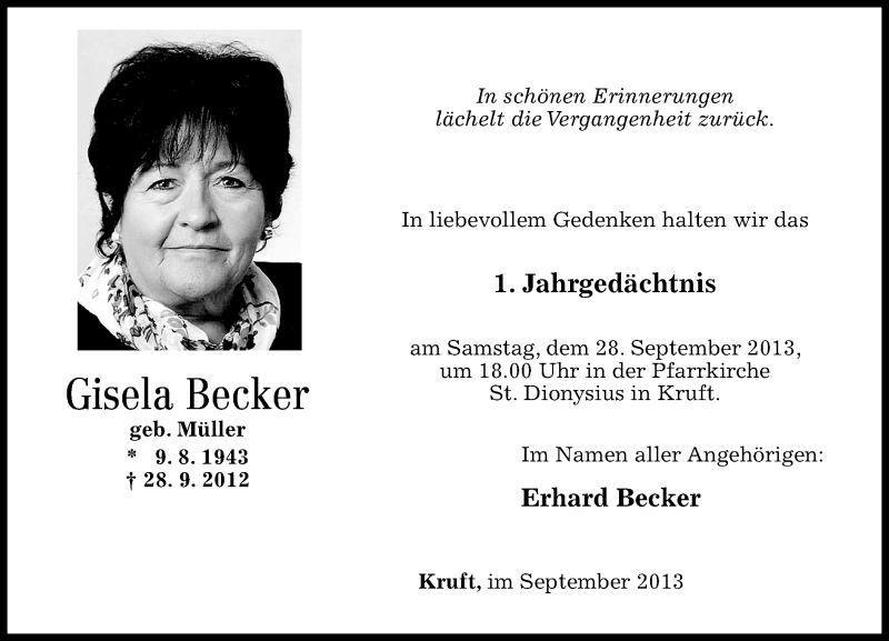  Traueranzeige für Gisela Becker vom 14.09.2013 aus Rhein-Zeitung