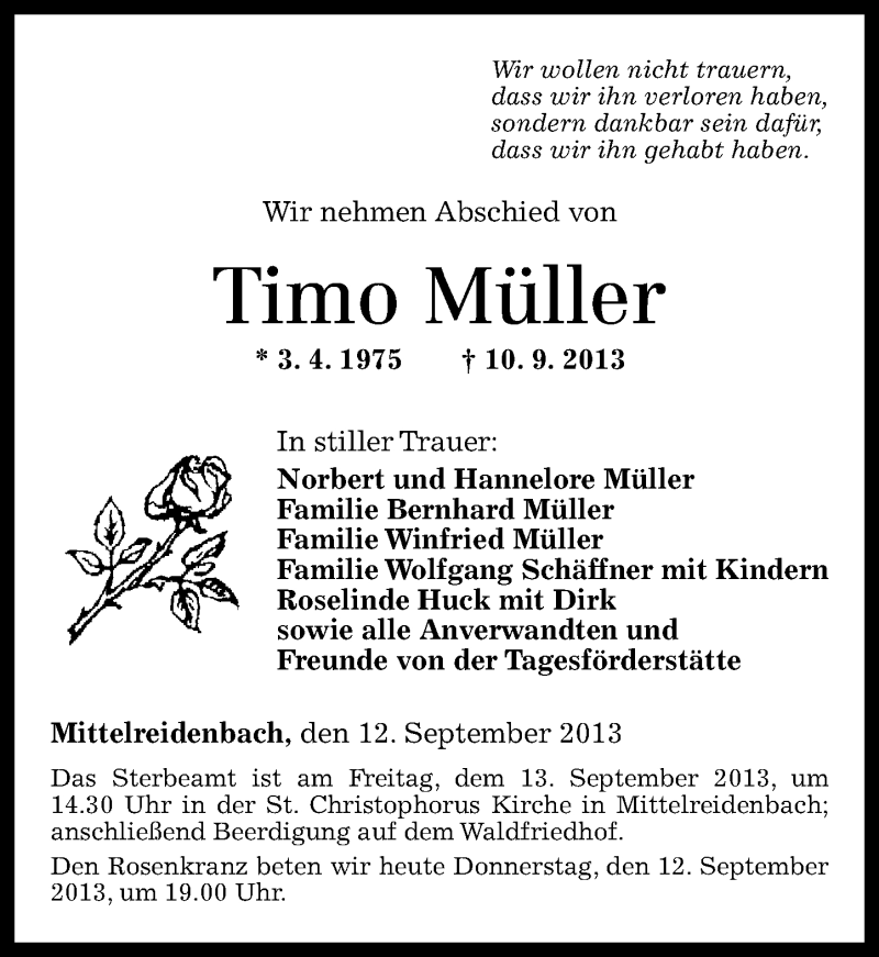 Traueranzeige für Timo Müller vom 12.09.2013 aus Nahe-Zeitung