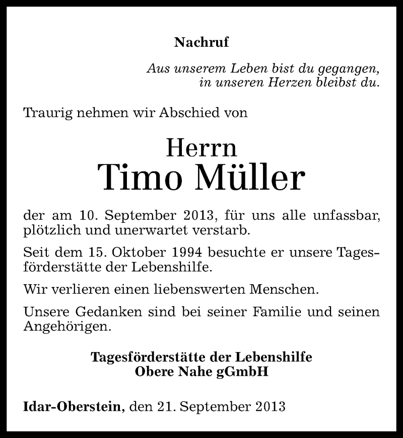  Traueranzeige für Timo Müller vom 21.09.2013 aus Nahe-Zeitung