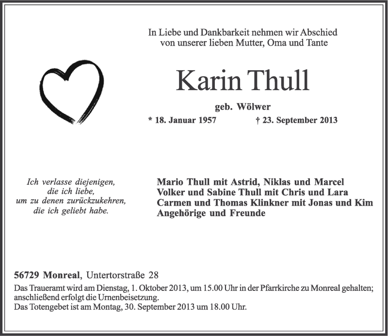  Traueranzeige für Karin Thull vom 25.09.2013 aus Rhein-Zeitung