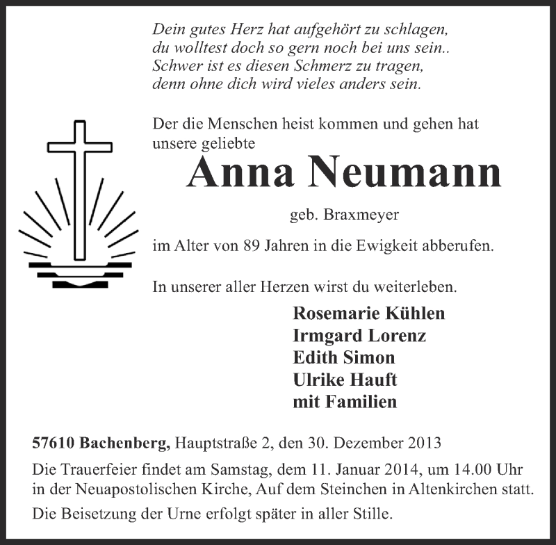 Traueranzeigen von Anna Neumann | rz-trauer.de