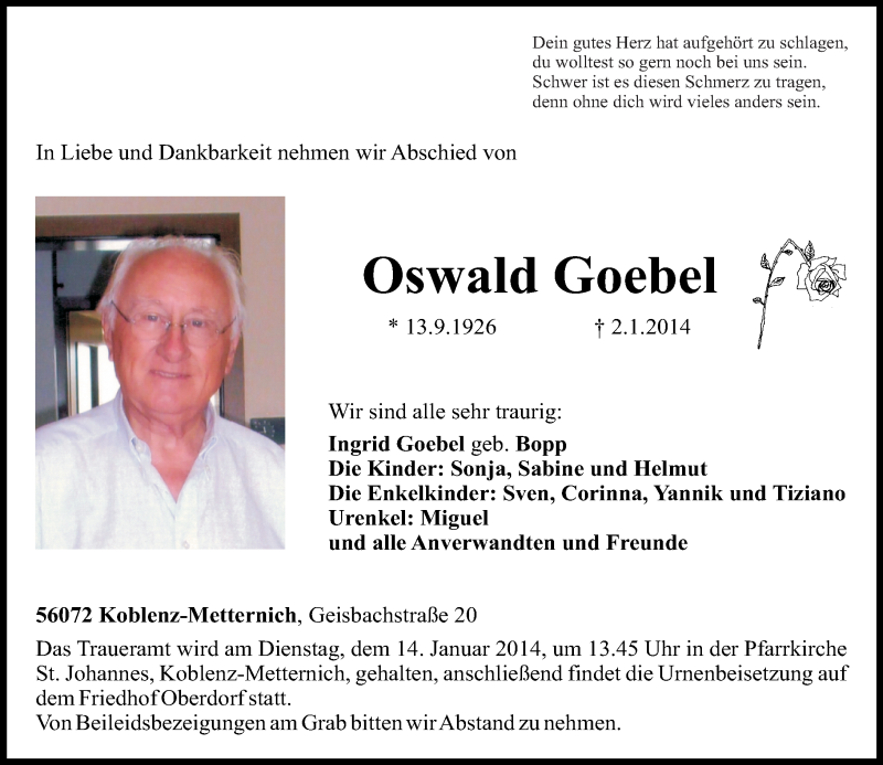 Traueranzeige für Oswald Goebel vom 13.01.2014 aus Rhein-Zeitung