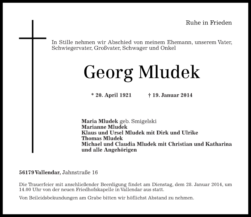  Traueranzeige für Georg Mludek vom 22.01.2014 aus Rhein-Zeitung
