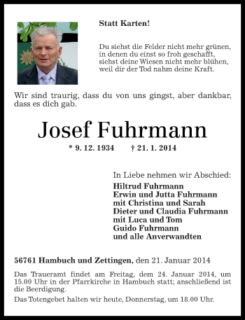 Traueranzeige von Josef Fuhrmann von Rhein-Zeitung