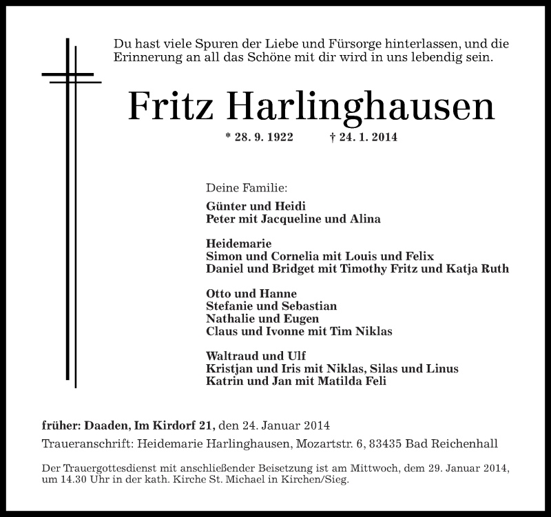  Traueranzeige für Fritz Harlinghausen vom 25.01.2014 aus Rhein-Zeitung