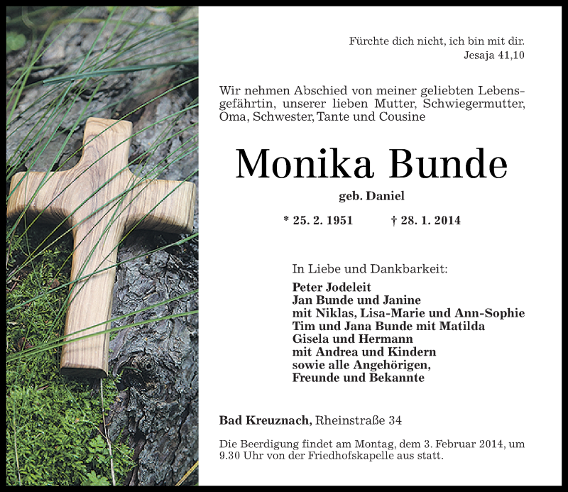  Traueranzeige für Monika Bunde vom 31.01.2014 aus Oeffentlicher Anzeiger