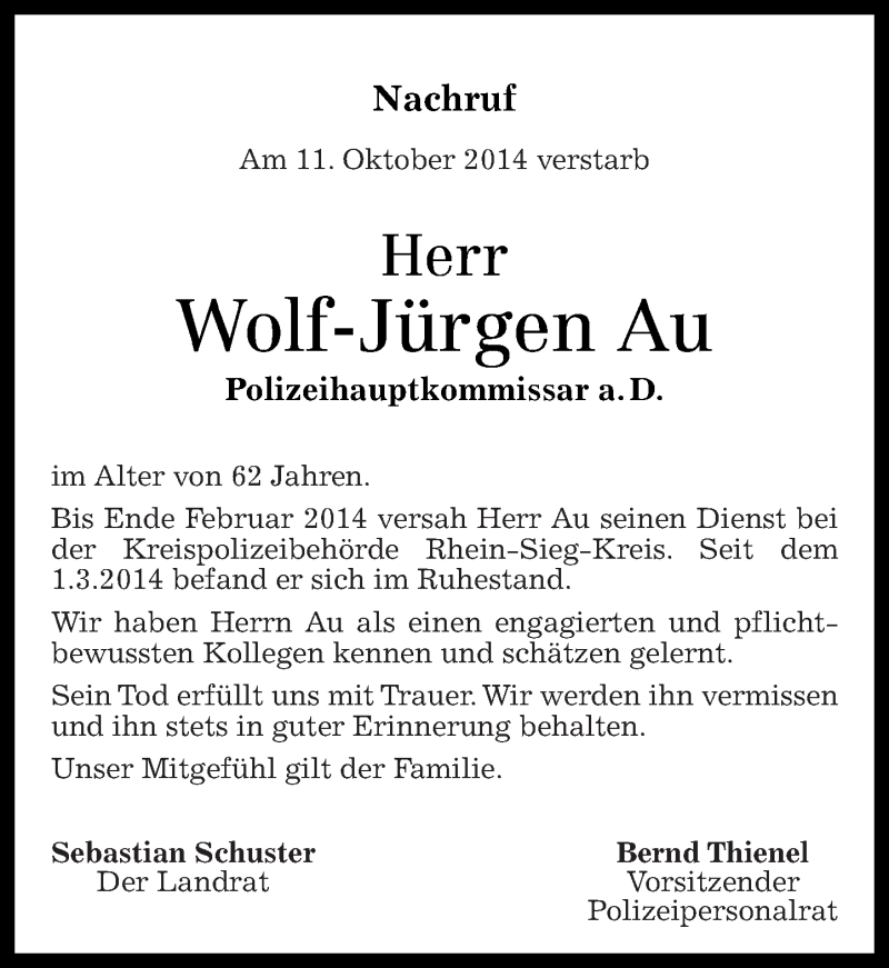  Traueranzeige für Jürgen Au vom 18.10.2014 aus Rhein-Zeitung