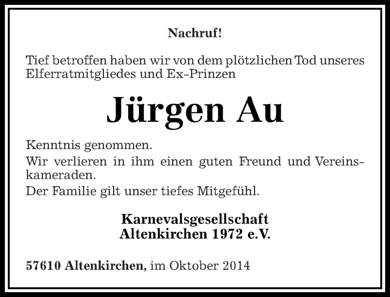  Traueranzeige für Jürgen Au vom 18.10.2014 aus Rhein-Zeitung