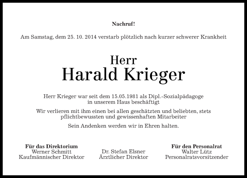 Traueranzeigen von Harald Krieger | rz-trauer.de