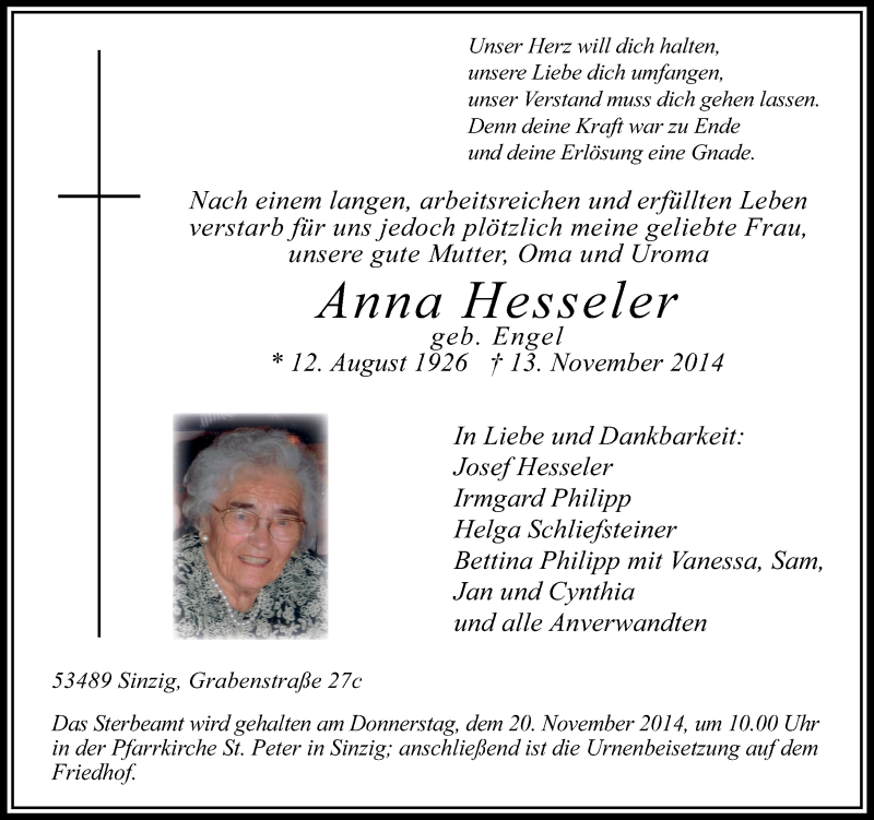 Traueranzeigen von Anna Hesseler | rz-trauer.de