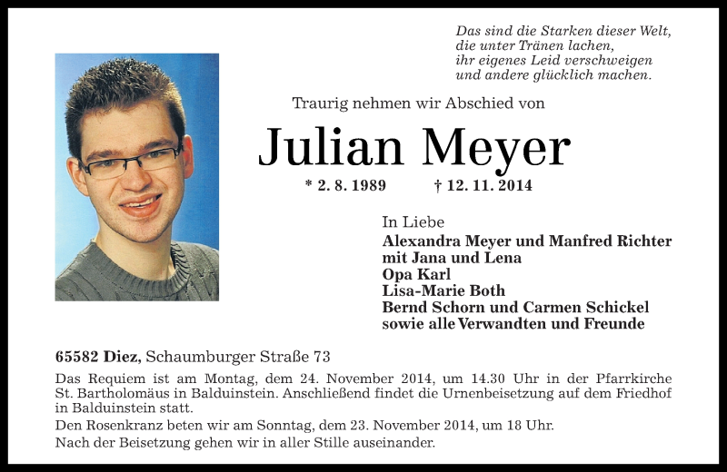  Traueranzeige für Julian Meyer vom 22.11.2014 aus Rhein-Lahn-Zeitung