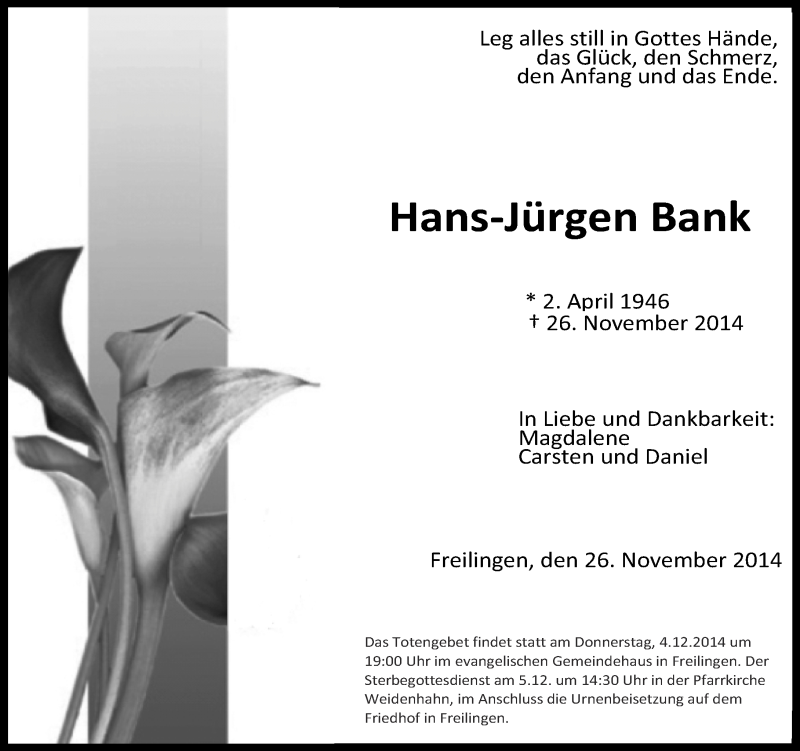  Traueranzeige für Hans-Jürgen Bank vom 03.12.2014 aus Westerwälder Zeitung