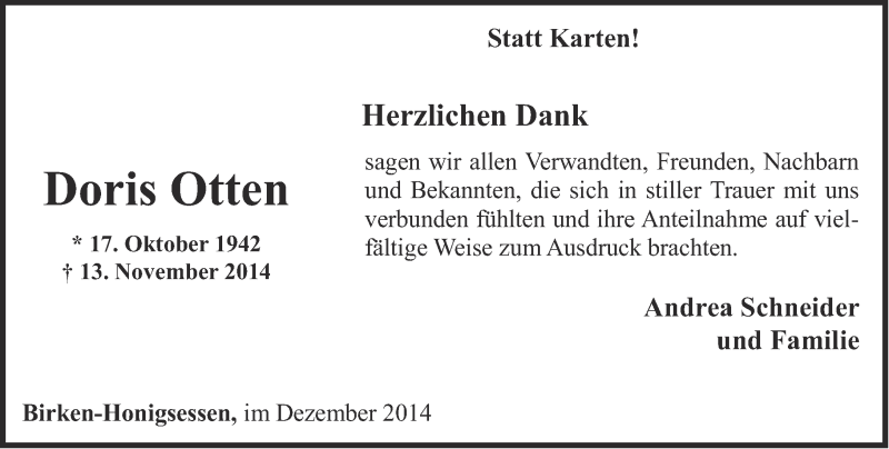  Traueranzeige für Doris Otten vom 06.12.2014 aus Rhein-Zeitung