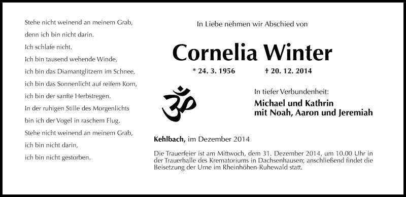  Traueranzeige für Cornelia Winter vom 24.12.2014 aus Rhein-Lahn-Zeitung