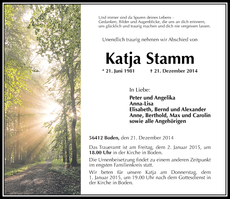  Traueranzeige für Katja Stamm vom 30.12.2014 aus Westerwälder Zeitung