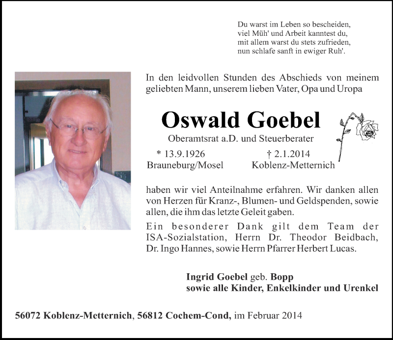  Traueranzeige für Oswald Goebel vom 01.02.2014 aus Rhein-Zeitung