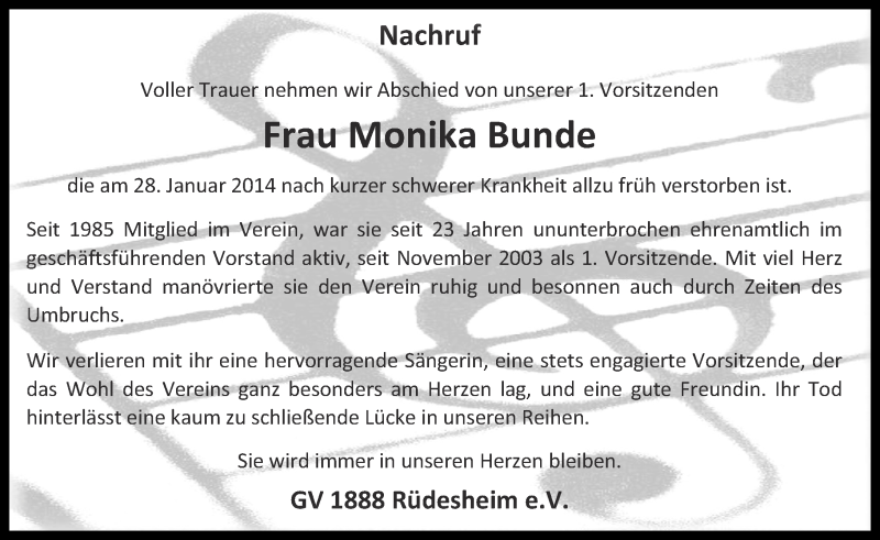  Traueranzeige für Monika Bunde vom 03.02.2014 aus Oeffentlicher Anzeiger